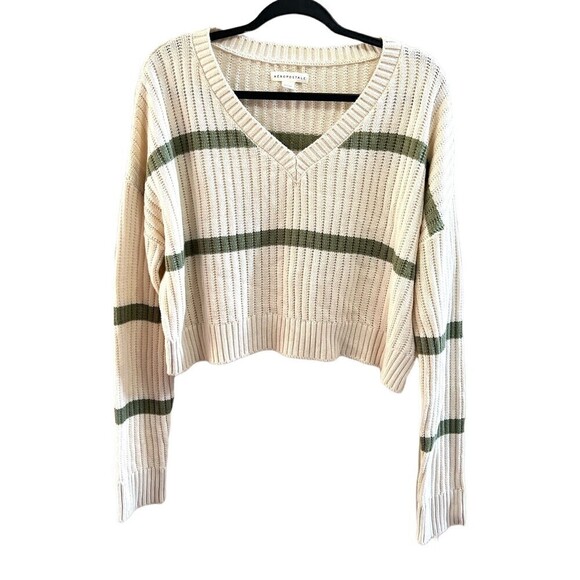 Aeropostale Women’s Striped Cropped V Neck Sweater‎ Size L - Picture 1 of 12